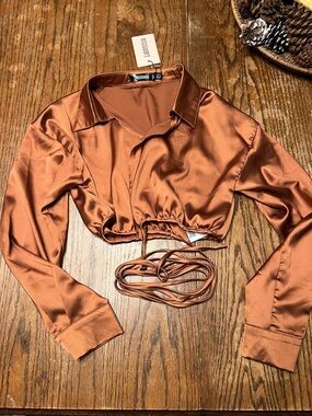 Missguided Copper Satin Long Sleeve Drawstring Crop Top